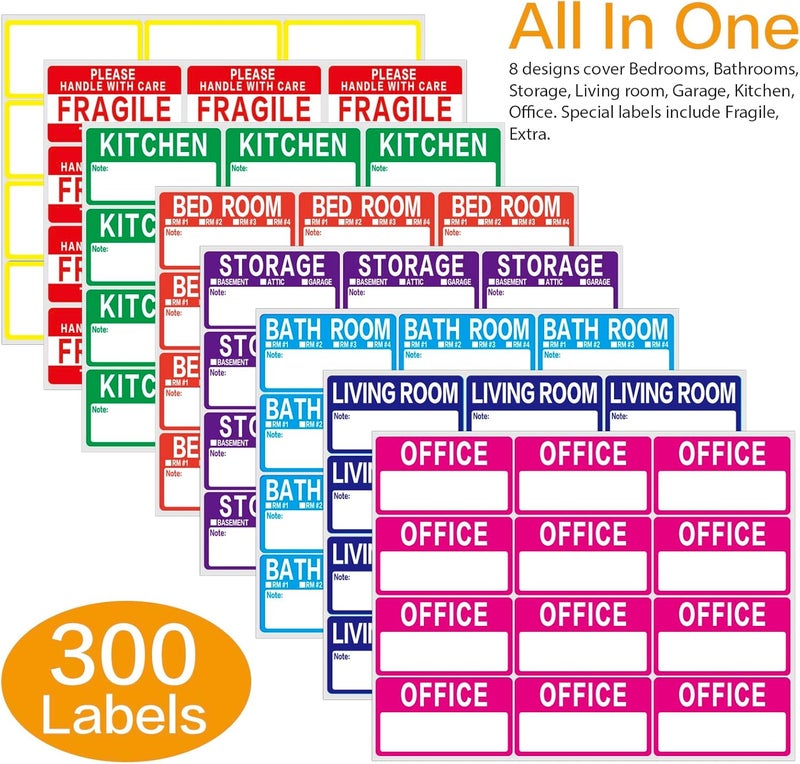 Lrogoe 300 Count 3.5 x 2 Large Home Moving Packing Box Labels for 3-4 Bedroom House with Writable Notes Areas, 7 Color Coded Moving Labels for Boxes + Fragile Moving Stickers - Image 2